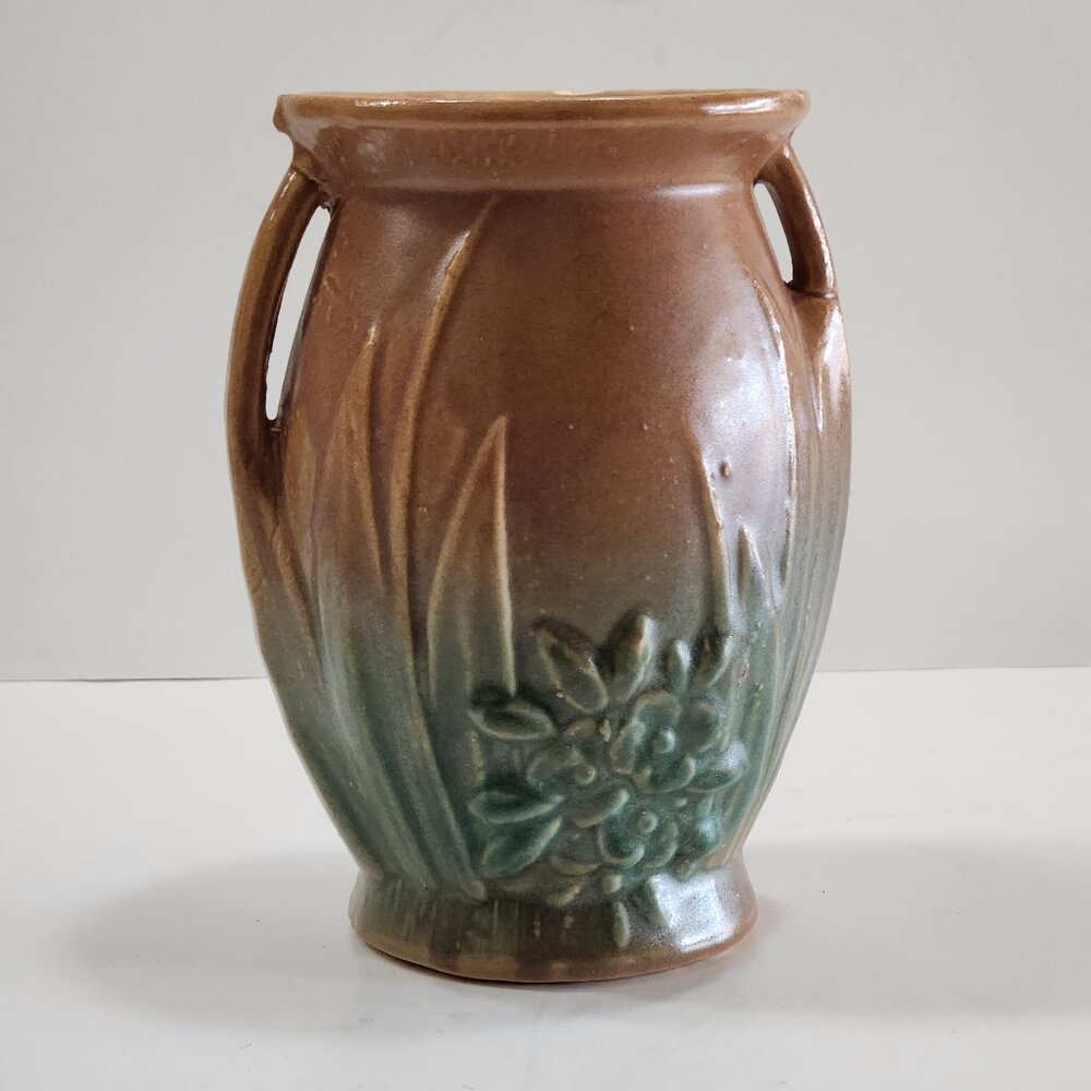 McCoy Pottery 1930s Matte Green Brown Floral Ceramic Vase